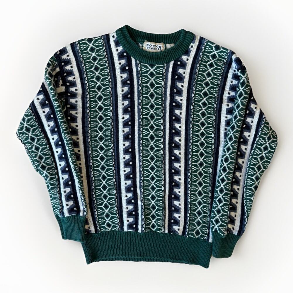 Vintage Cotton Traders Coogi Sweater M Multicolor Green Cotton Pullover New York